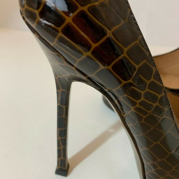 YSL SAINT LAURENT 59519 BROWN PATENT LEATHER CROC EMBOSSED TRIBTOO PUMPS - Picture 4 of 7